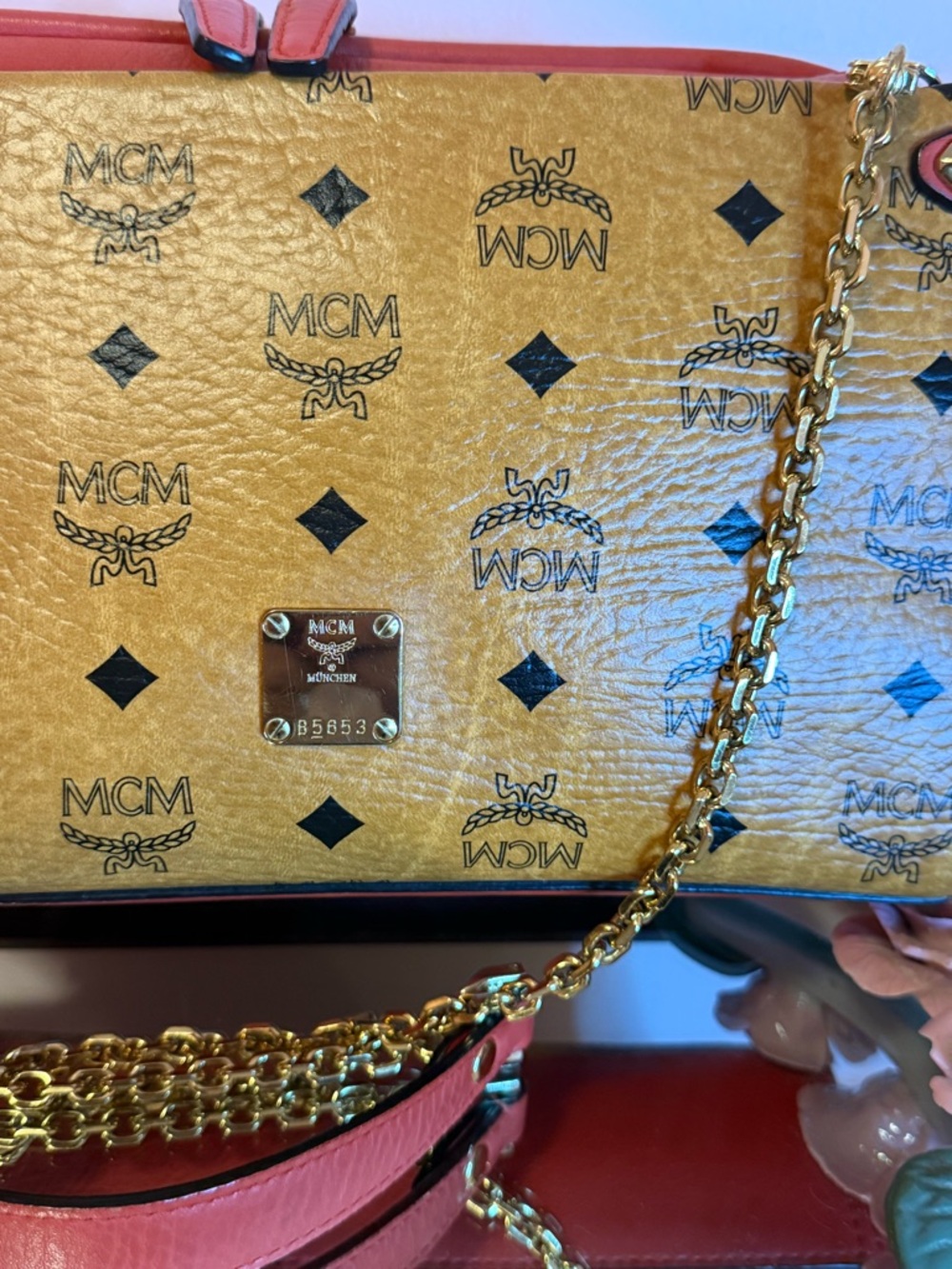 MCM Tan Visetos Monogram Crossbody with Coral Trim - Picture 2 of 14